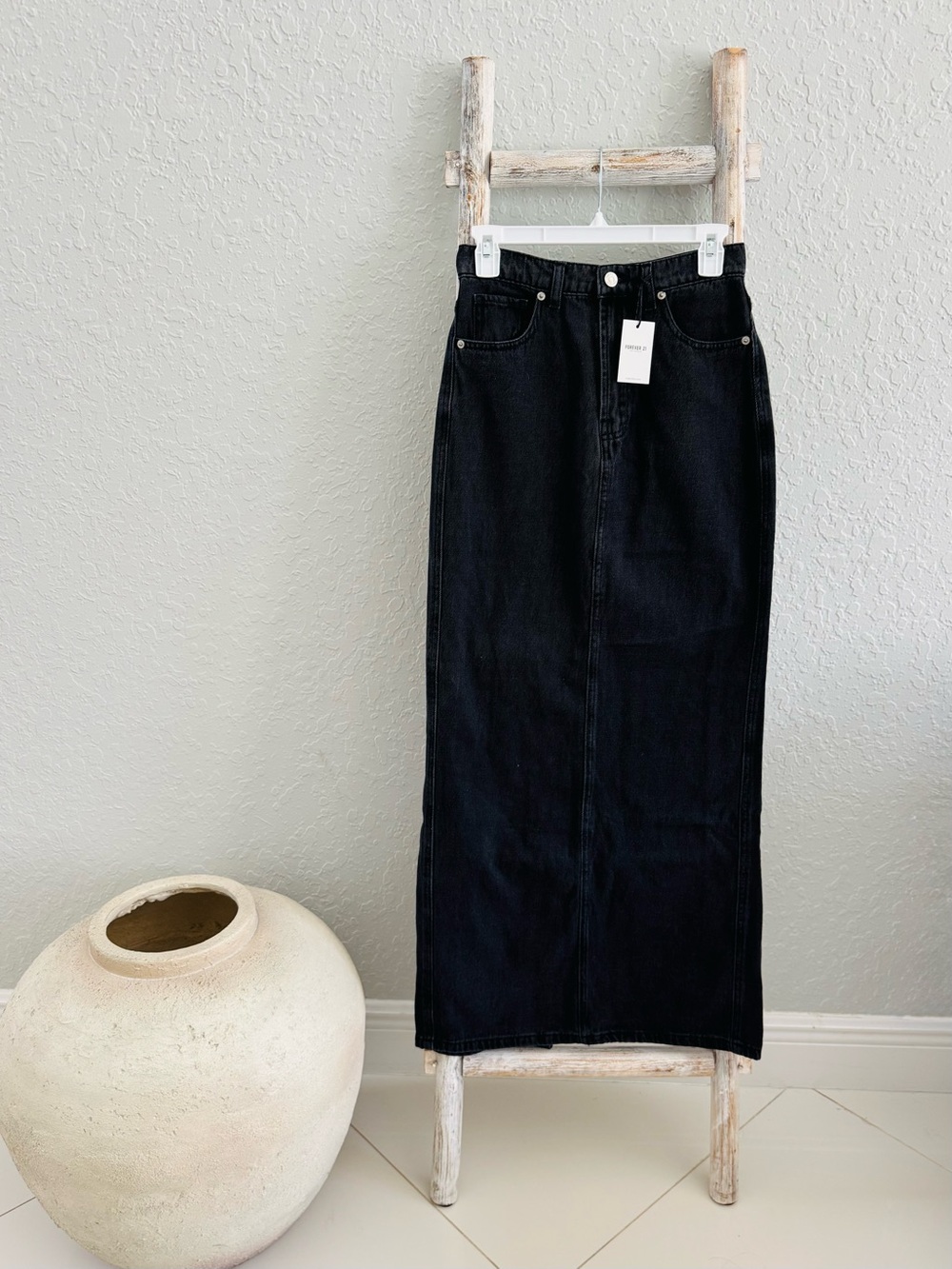 Forever 21 Denim Skirt High-Waisted Black Maxi Skirt with Back Slit Size S